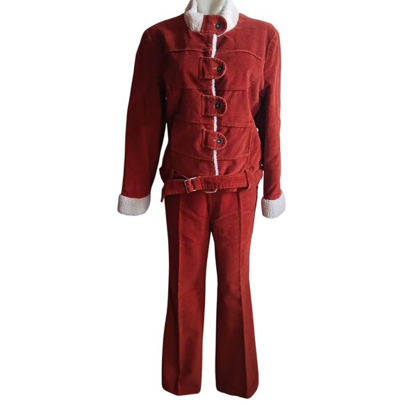 Vintage Rusty Red Boho Corduroy Jacket  Pants Set Fleece Collar  30x31 Bootcut - Picture 1 of 11